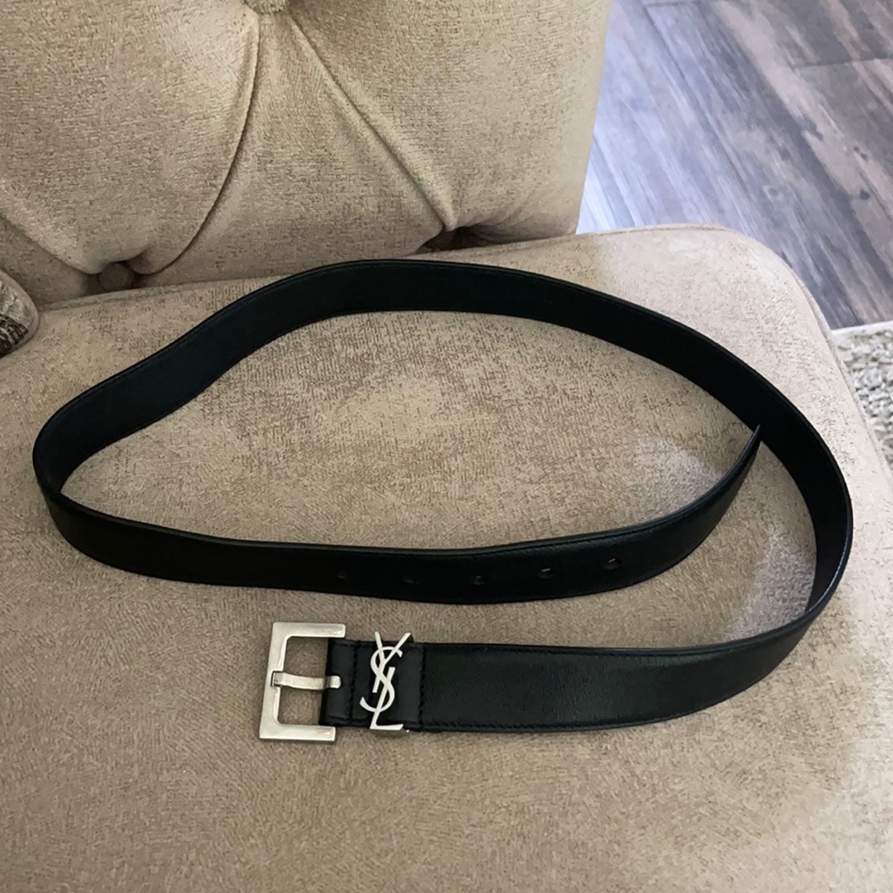 Black Ysl Belt With Silver Hardware Gem